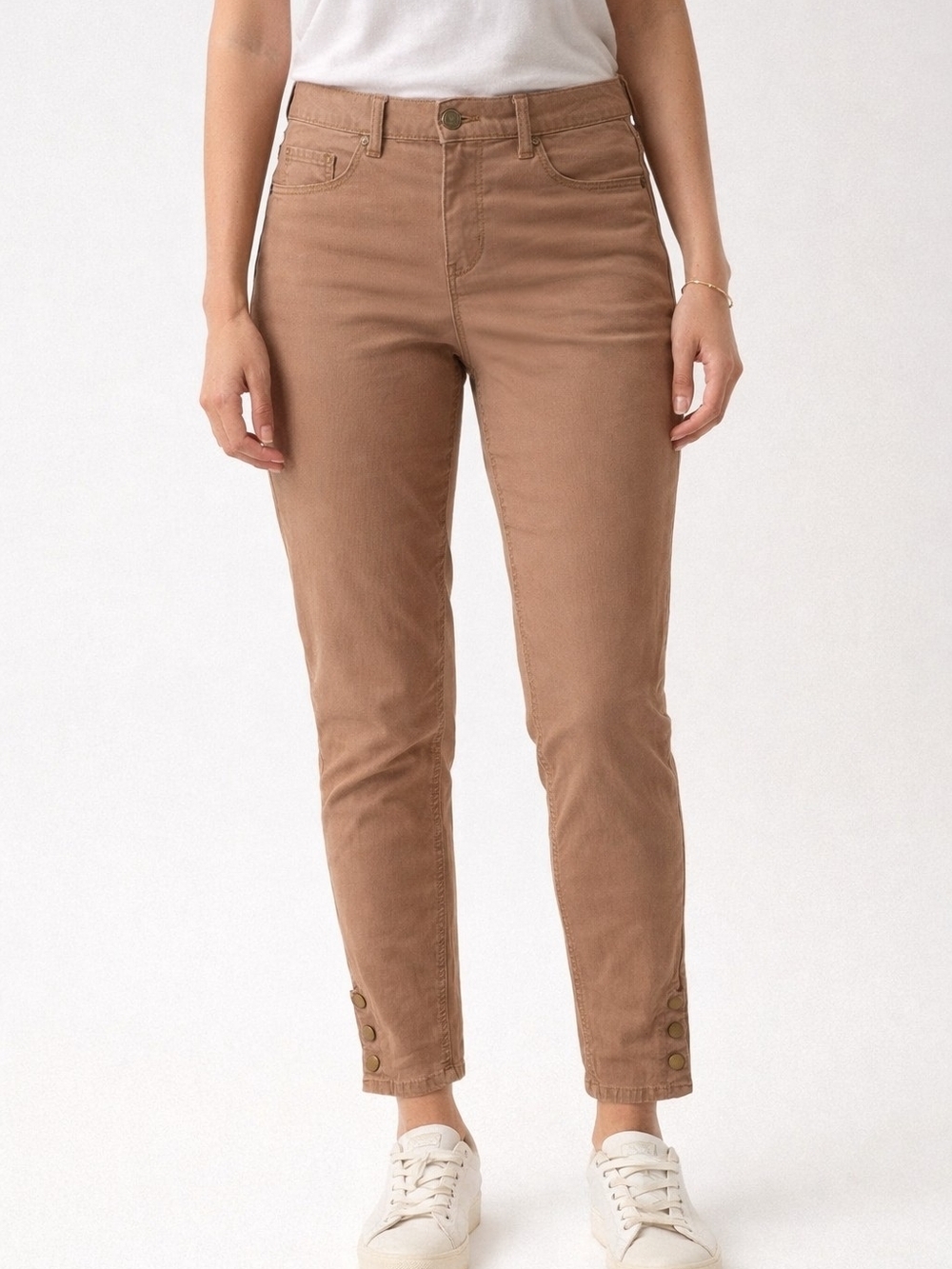 Charlie B beige pants 12 chic button hem slim fit casual elegant